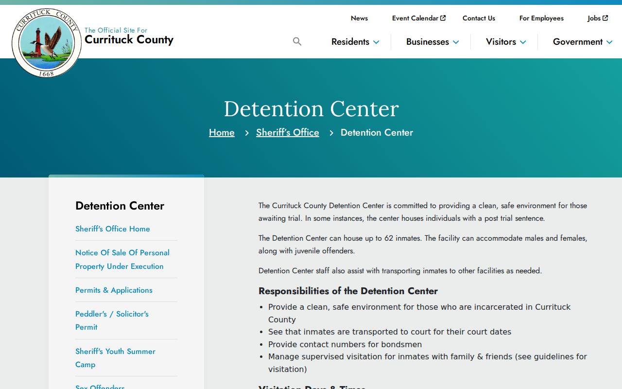 Currituck County Detention Center source for Moyock arrest custody records