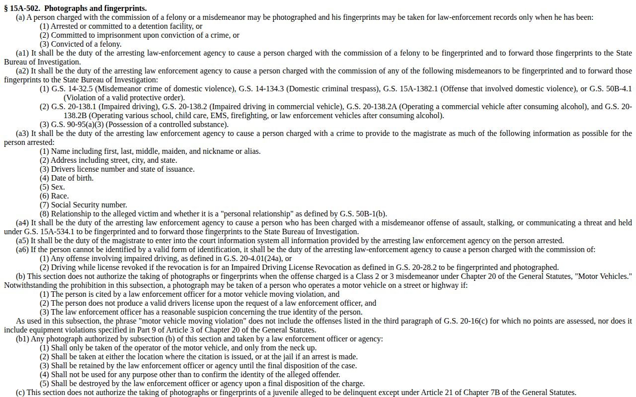 North Carolina law for Currituck County arrest booking photographs